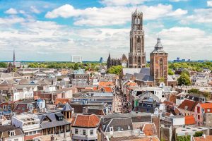 city roofs and a tall church tower, Utrecht in the Netherlands