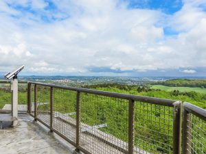 a viewing deck on top of a tower with binoculars and view over curvy green landscape, view from the King Bodewijn Tower at Drielandenpunt, Vaals