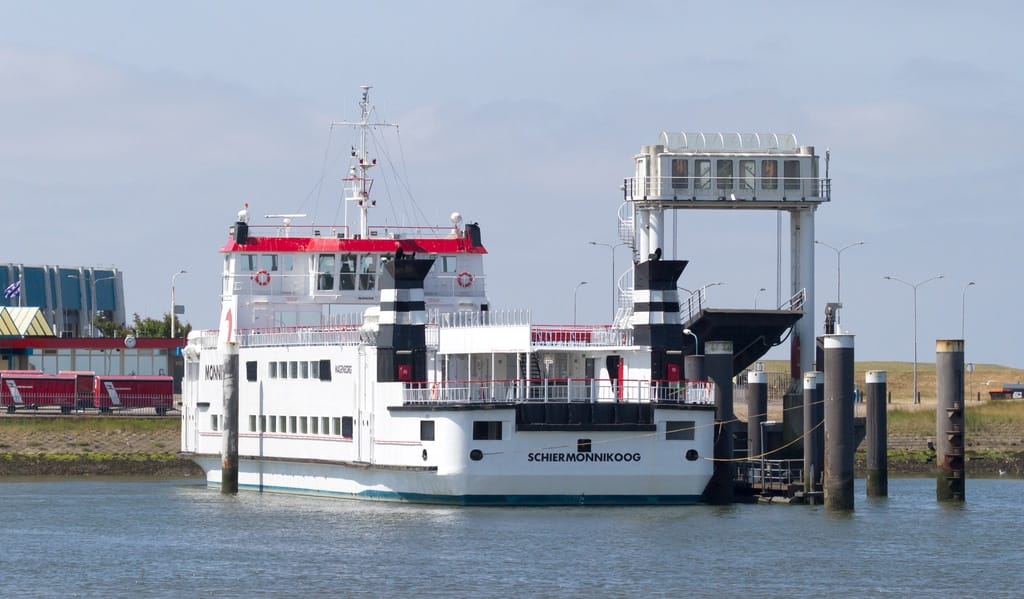 a ferry boat at a port with Schiermonnikoog written on it