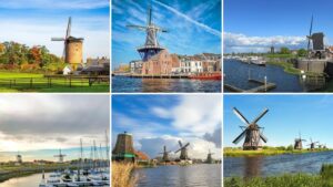 six pictures of windmills in the Netherlands