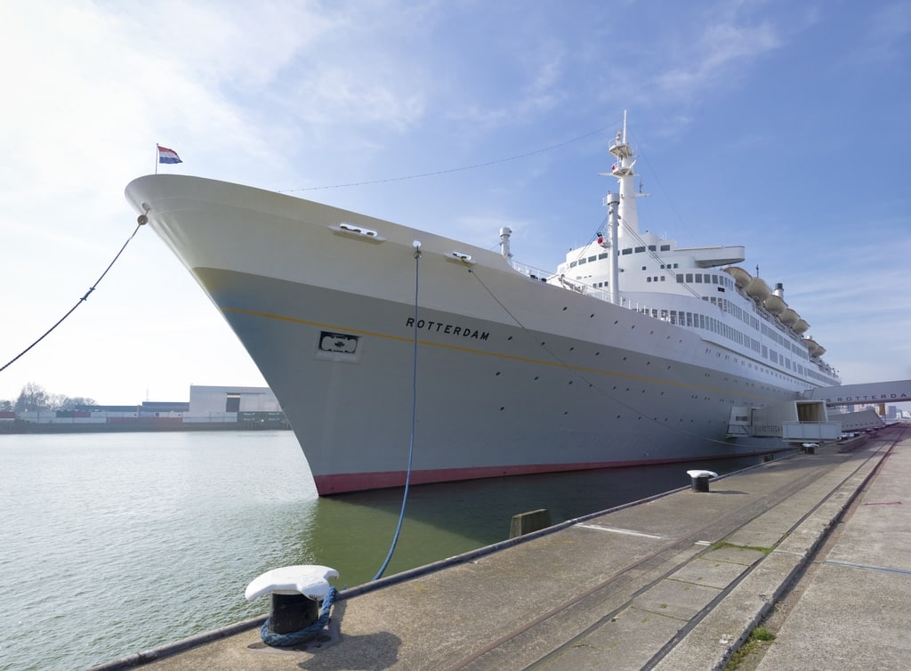 a large cruise ship on a dock turned into a hotel in Rotterdam; SS Rotterdam Hotel in the Netherlands
