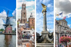 4 vertical pictures of cities in the Netherlands (Haarlem, Utrecht, Den Bosch and Maastricht) put next to each other making one picture; Best cities for weekend escapes in the Netherlands